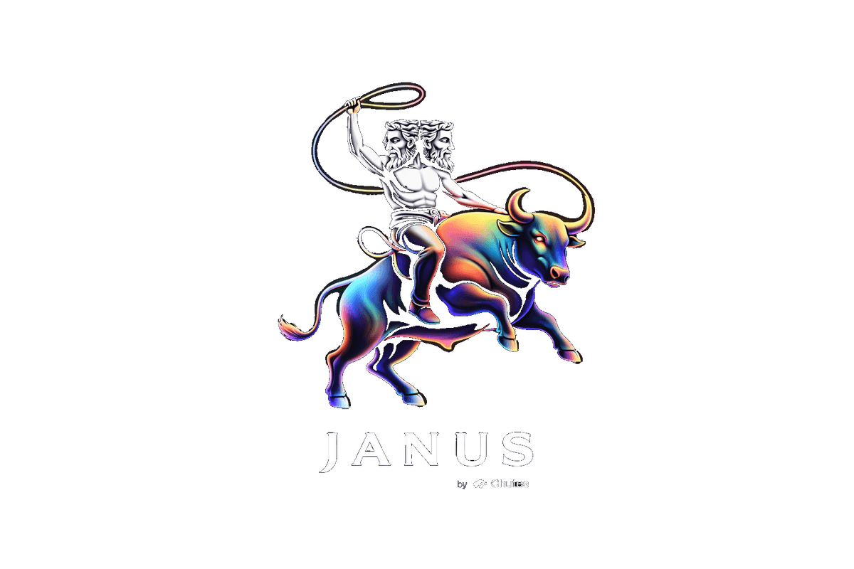 Janus riding an iridescent bull
